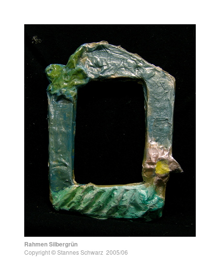 Bunter plastischer Bilderrahmen aus kaschiertem Ton, in Silber, Grün und Blau mit Blumen und Blatt