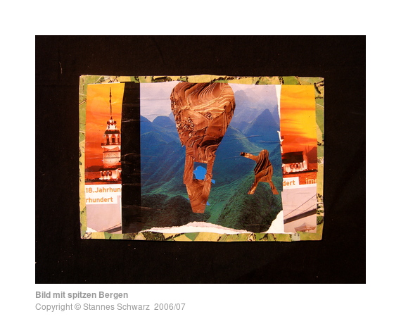 Collagiertes Brett, ca. A4, goldorangene Figur vor Bergpanorama