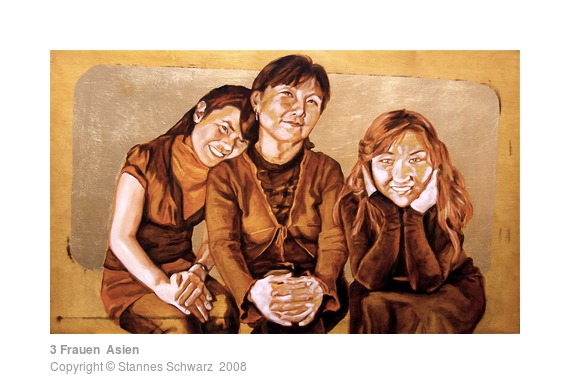 Gemälde, drei sitzende mittelasiatische Frauen